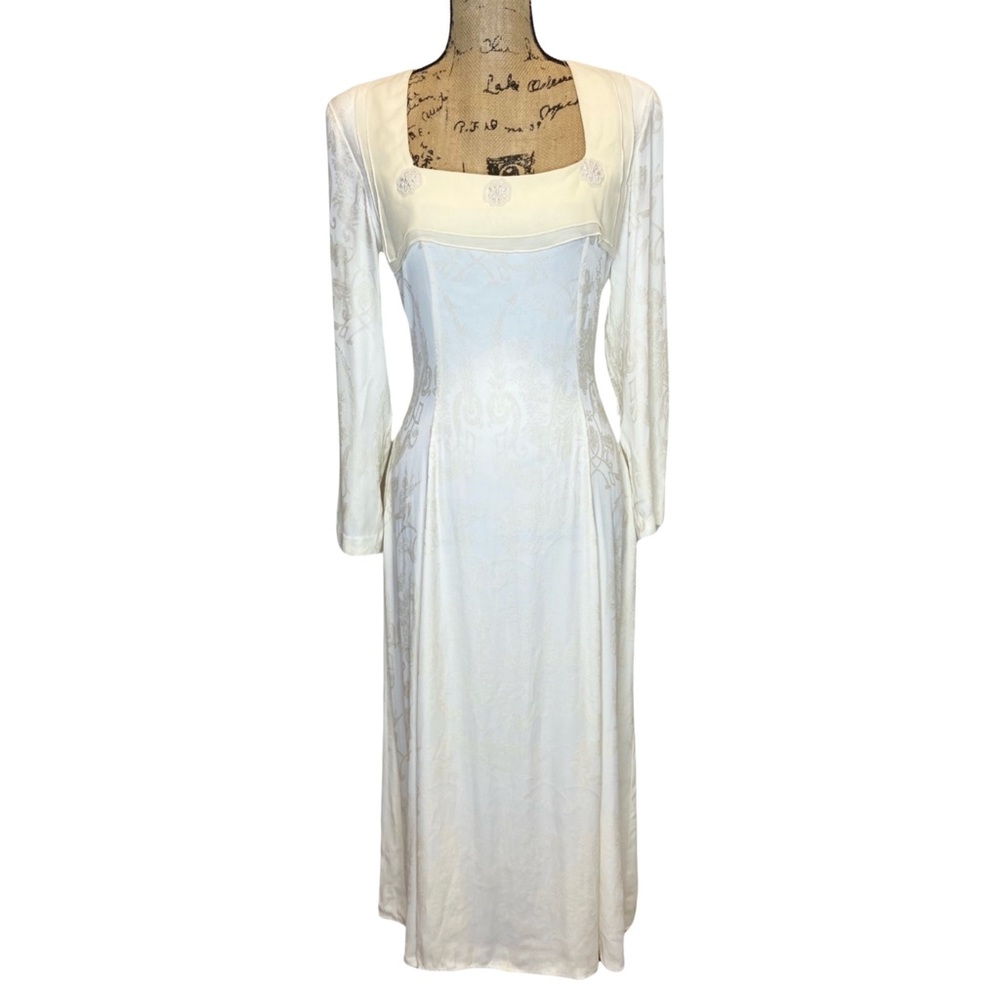 Vintage 1980’s Cream & Ivory Damask Print Dress With Pearl Accents